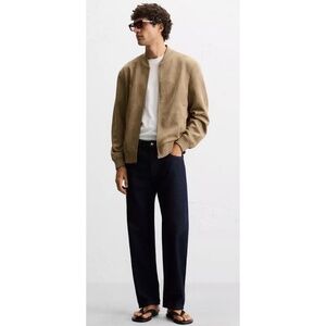 ZARA Bomber Jacket Taupe Large Greige Dark Ribbed Full Zip Collared Snap Pockets